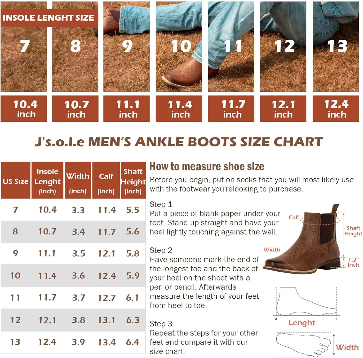 J's.o.l.e Ankle Cowboy Boots for Men Square Toe Chelsea Boots Mens Casual Retro Stylish Boots