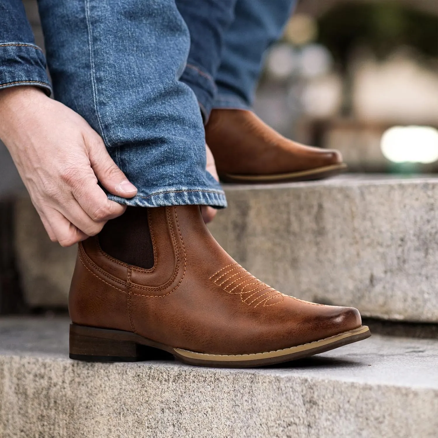 J's.o.l.e Ankle Cowboy Boots for Men Square Toe Chelsea Boots Mens Casual Retro Stylish Boots