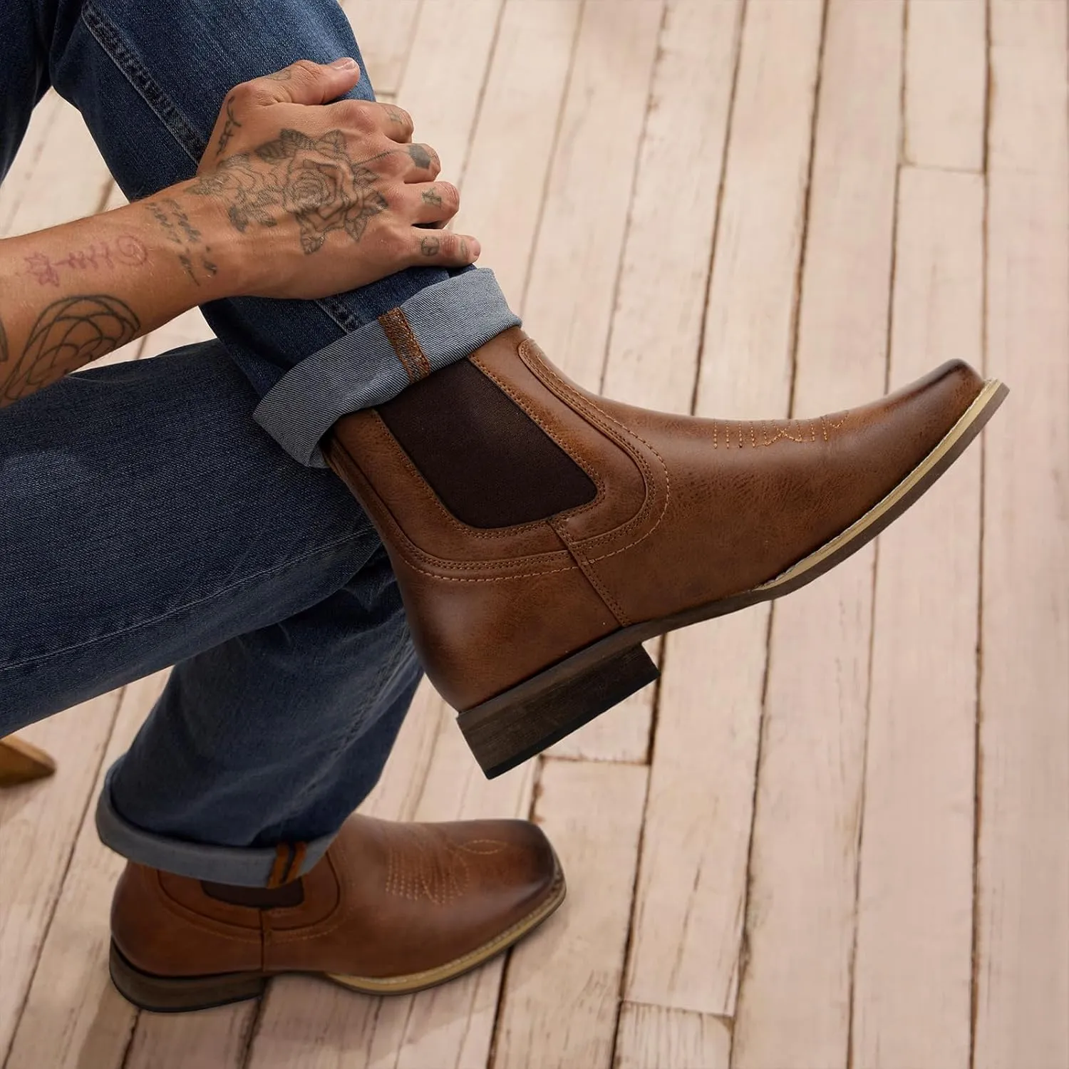 J's.o.l.e Ankle Cowboy Boots for Men Square Toe Chelsea Boots Mens Casual Retro Stylish Boots
