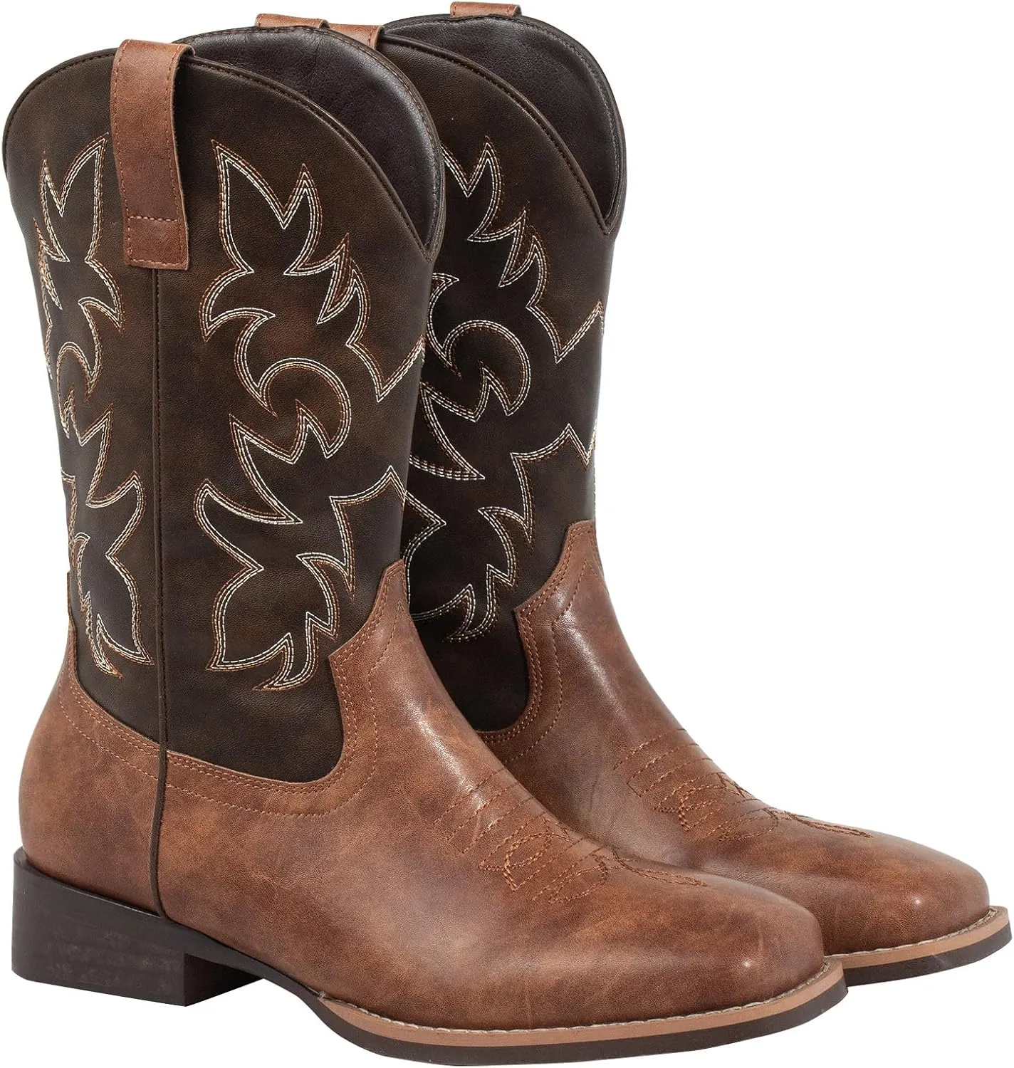 J's.o.l.e Western Mens Cowboy Boots Square Toe Wide Calf Pull On Slip Resistant Country Work Riding Leather Boot Brown