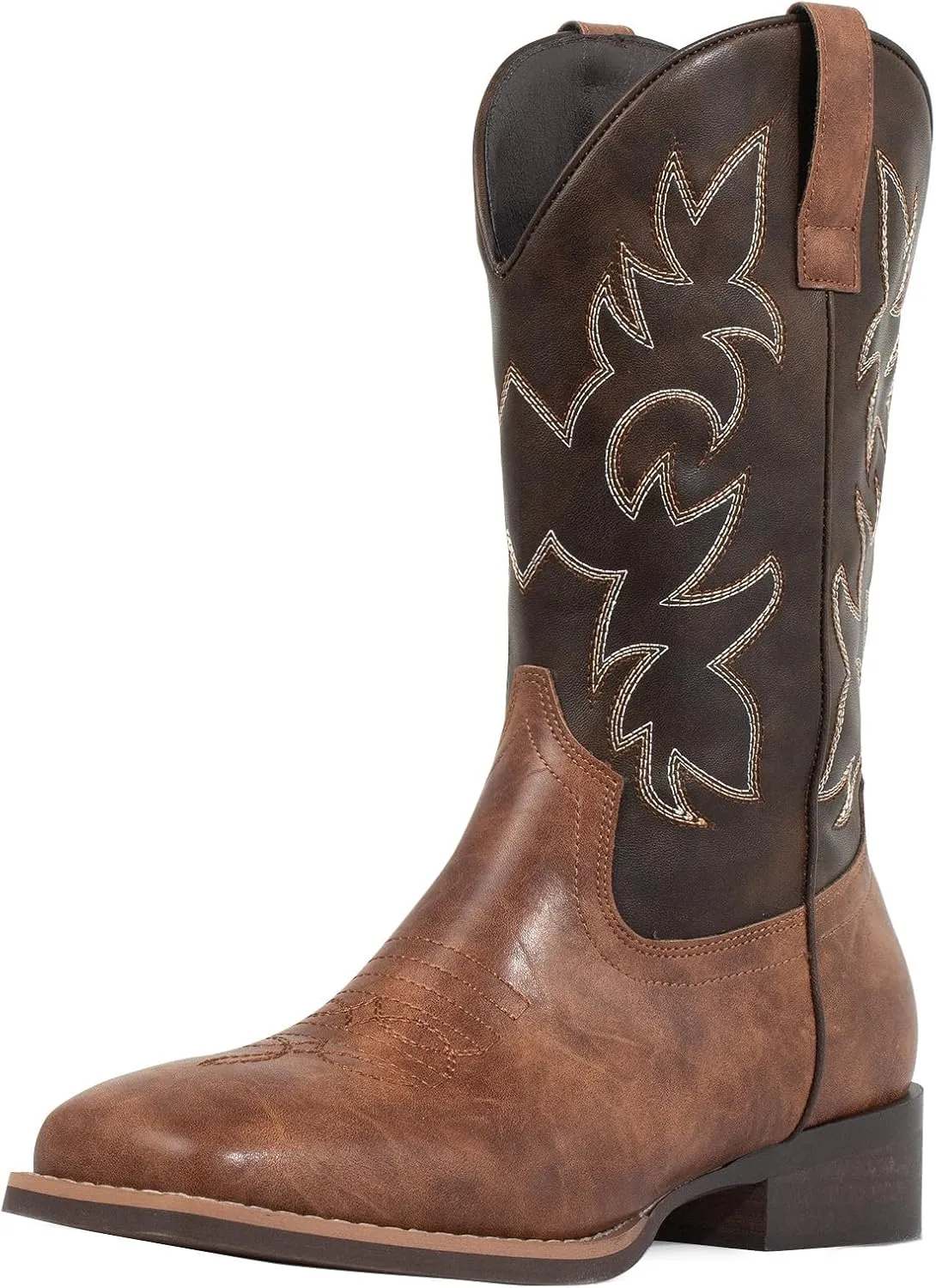 J's.o.l.e Western Mens Cowboy Boots Square Toe Wide Calf Pull On Slip Resistant Country Work Riding Leather Boot Brown
