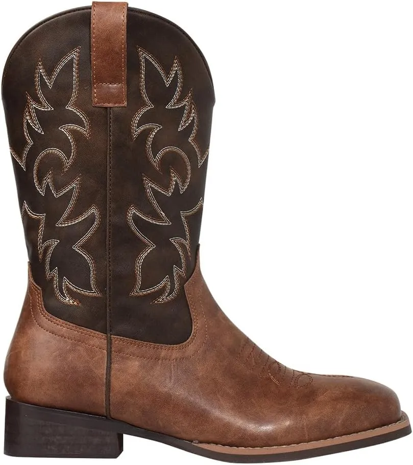 J's.o.l.e Western Mens Cowboy Boots Square Toe Wide Calf Pull On Slip Resistant Country Work Riding Leather Boot Brown