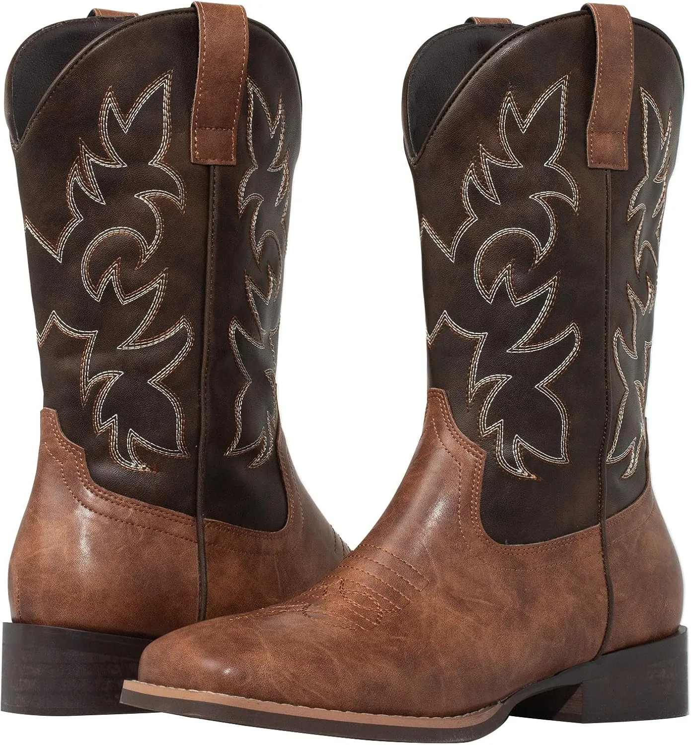 J's.o.l.e Western Mens Cowboy Boots Square Toe Wide Calf Pull On Slip Resistant Country Work Riding Leather Boot Brown