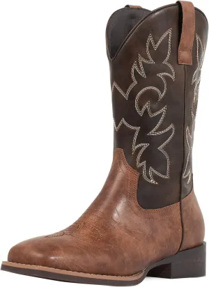 J's.o.l.e Western Mens Cowboy Boots Square Toe Wide Calf Pull On Slip Resistant Country Work Riding Leather Boot Brown