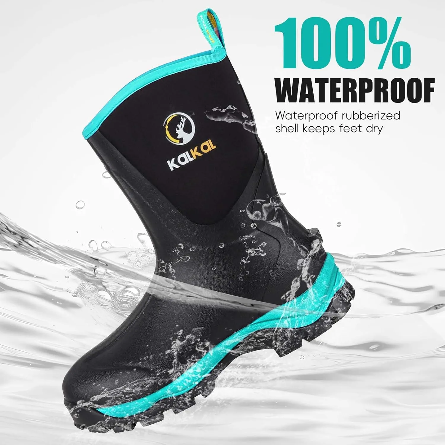 Kalkal Rubber Boots for Women Waterproof Mid Calf Rain Boots, Lightweight 6mm Neoprene Insulated Womens Work Boots for Garden Farm Yard Chore Mud Boots (Size 6-11)
