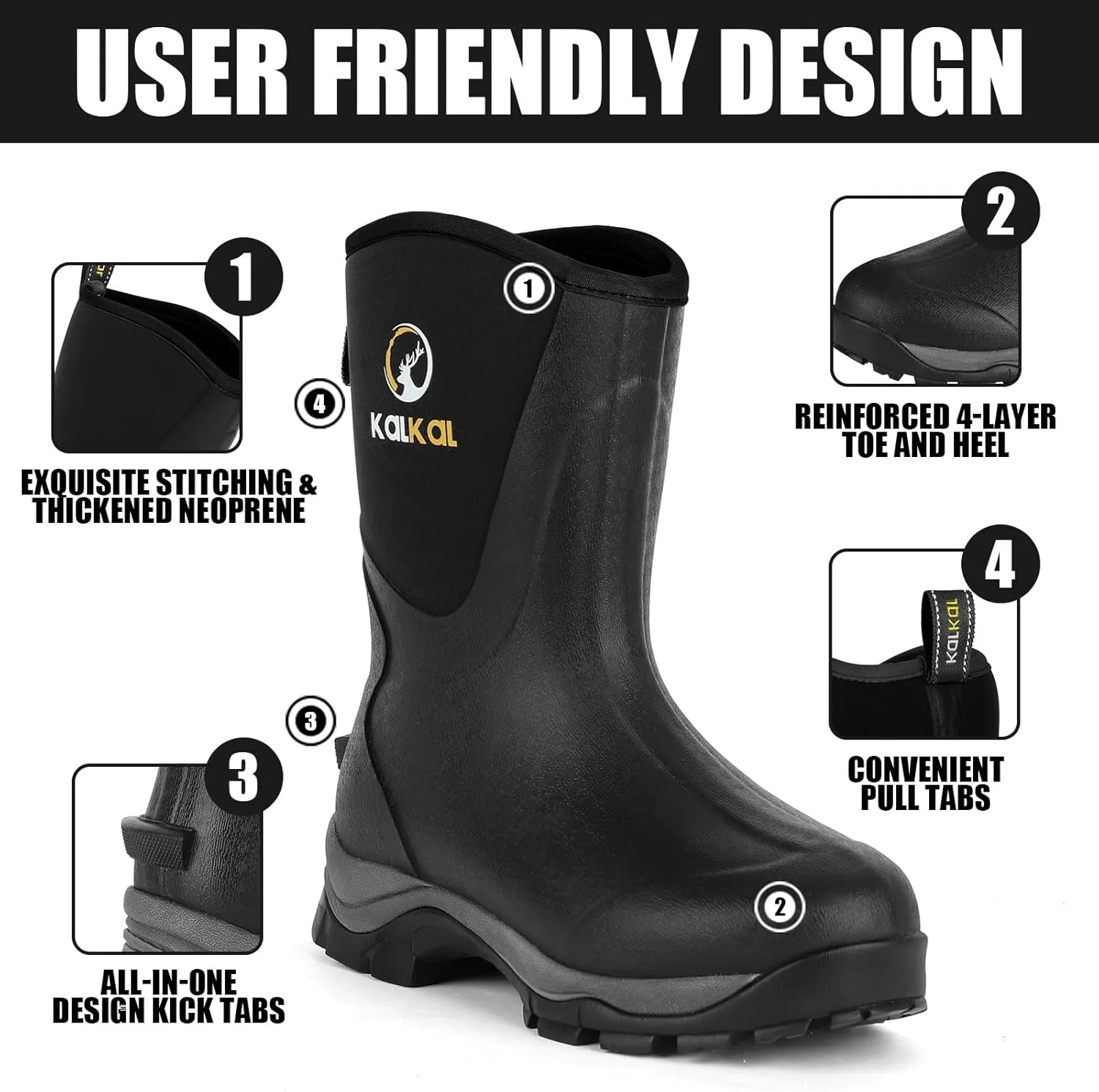 Kalkal Rubber Boots for Women Waterproof Mid Calf Rain Boots, Lightweight 6mm Neoprene Insulated Womens Work Boots for Garden Farm Yard Chore Mud Boots (Size 6-11)