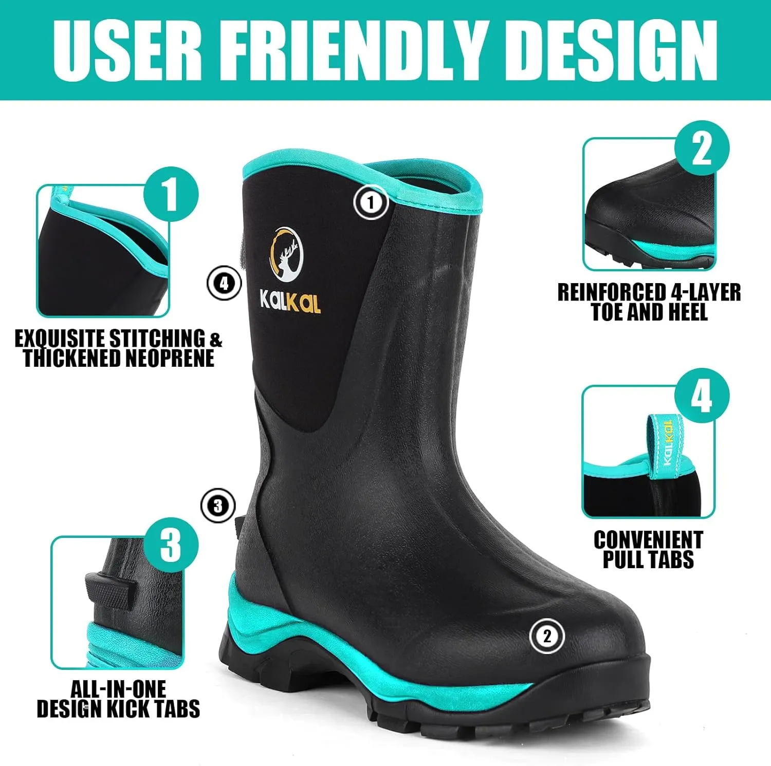 Kalkal Rubber Boots for Women Waterproof Mid Calf Rain Boots, Lightweight 6mm Neoprene Insulated Womens Work Boots for Garden Farm Yard Chore Mud Boots (Size 6-11)