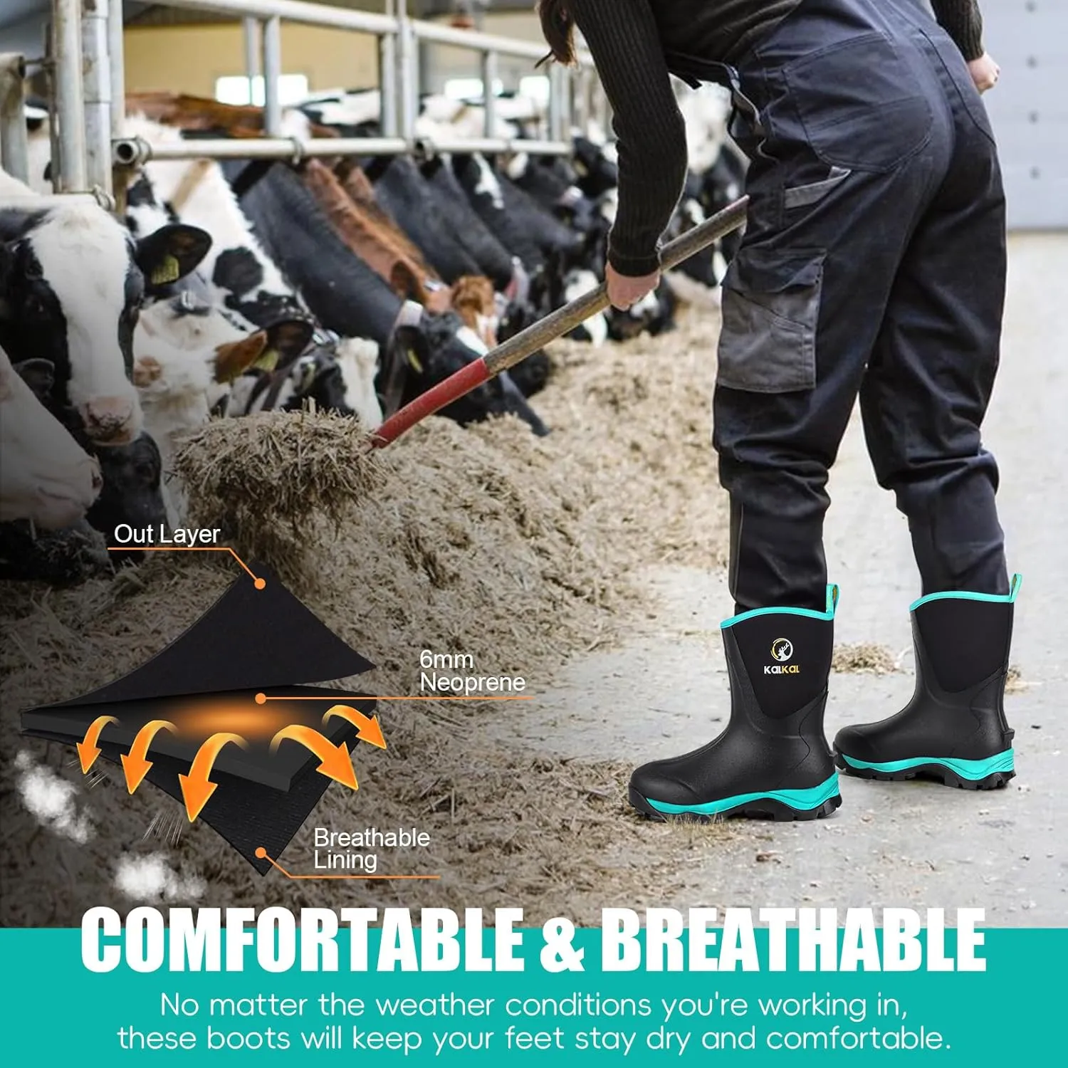 Kalkal Rubber Boots for Women Waterproof Mid Calf Rain Boots, Lightweight 6mm Neoprene Insulated Womens Work Boots for Garden Farm Yard Chore Mud Boots (Size 6-11)