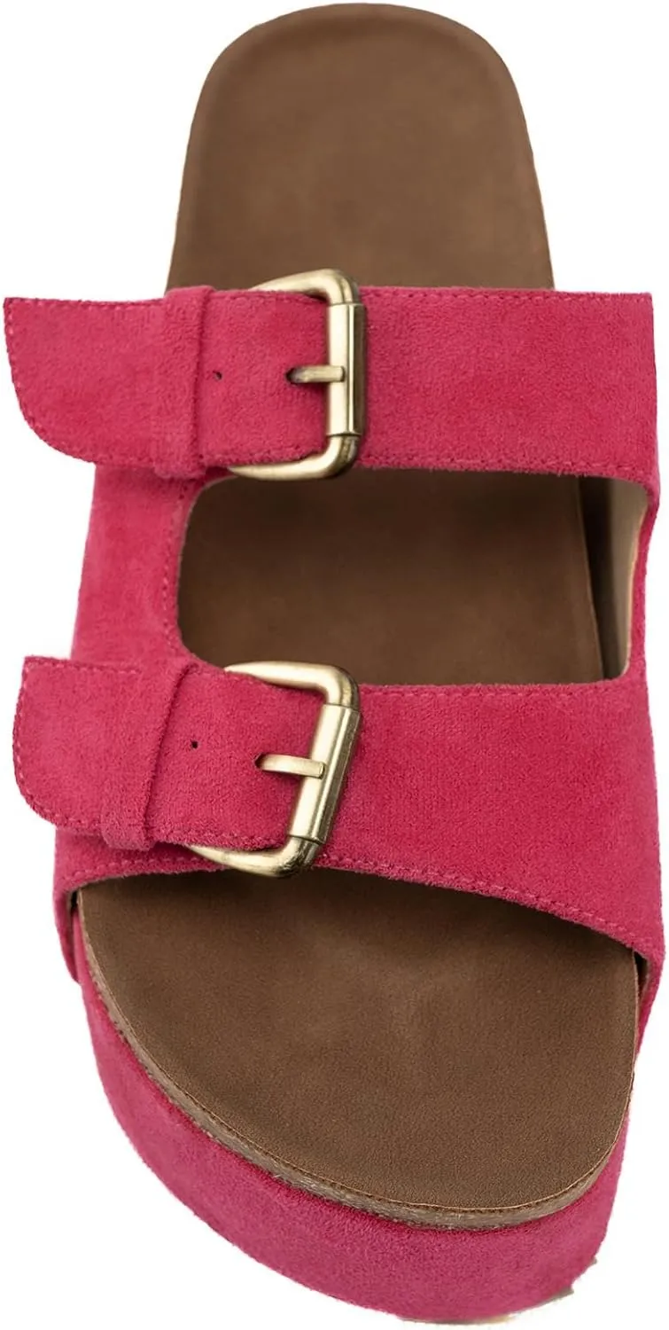 KaroNairy Studded Cork Platform Sandals For Women Slippers Clogs Platform Slip On Sandals Dual Buckled Suede/PU