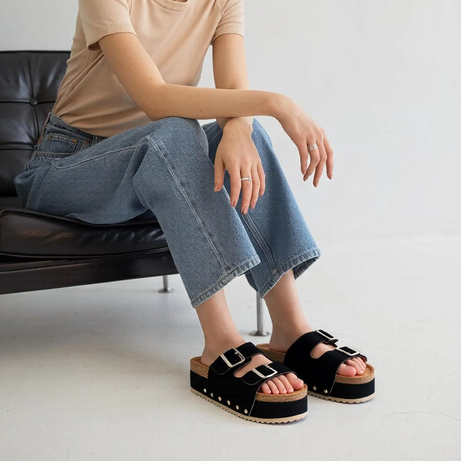 KaroNairy Studded Cork Platform Sandals For Women Slippers Clogs Platform Slip On Sandals Dual Buckled Suede/PU