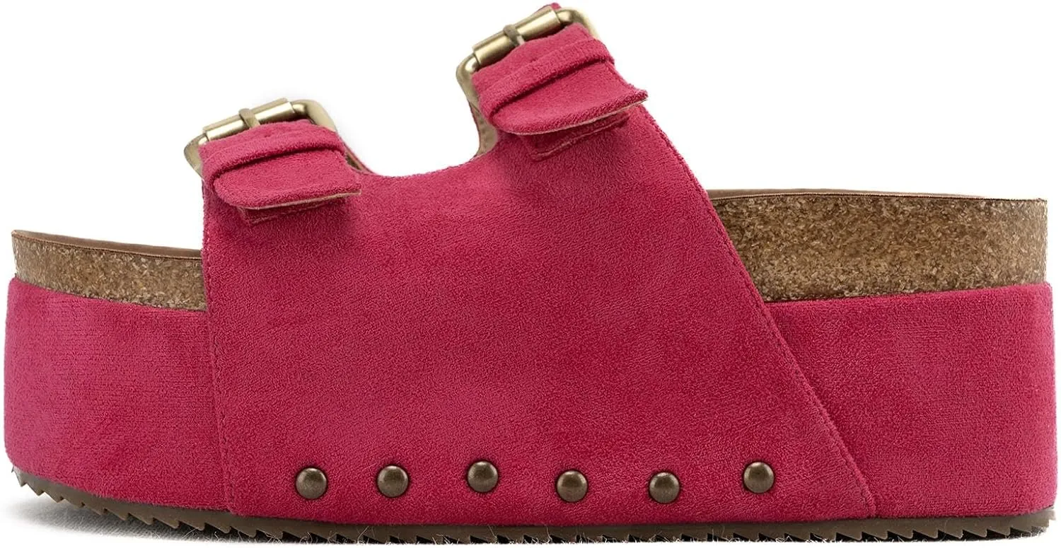 KaroNairy Studded Cork Platform Sandals For Women Slippers Clogs Platform Slip On Sandals Dual Buckled Suede/PU