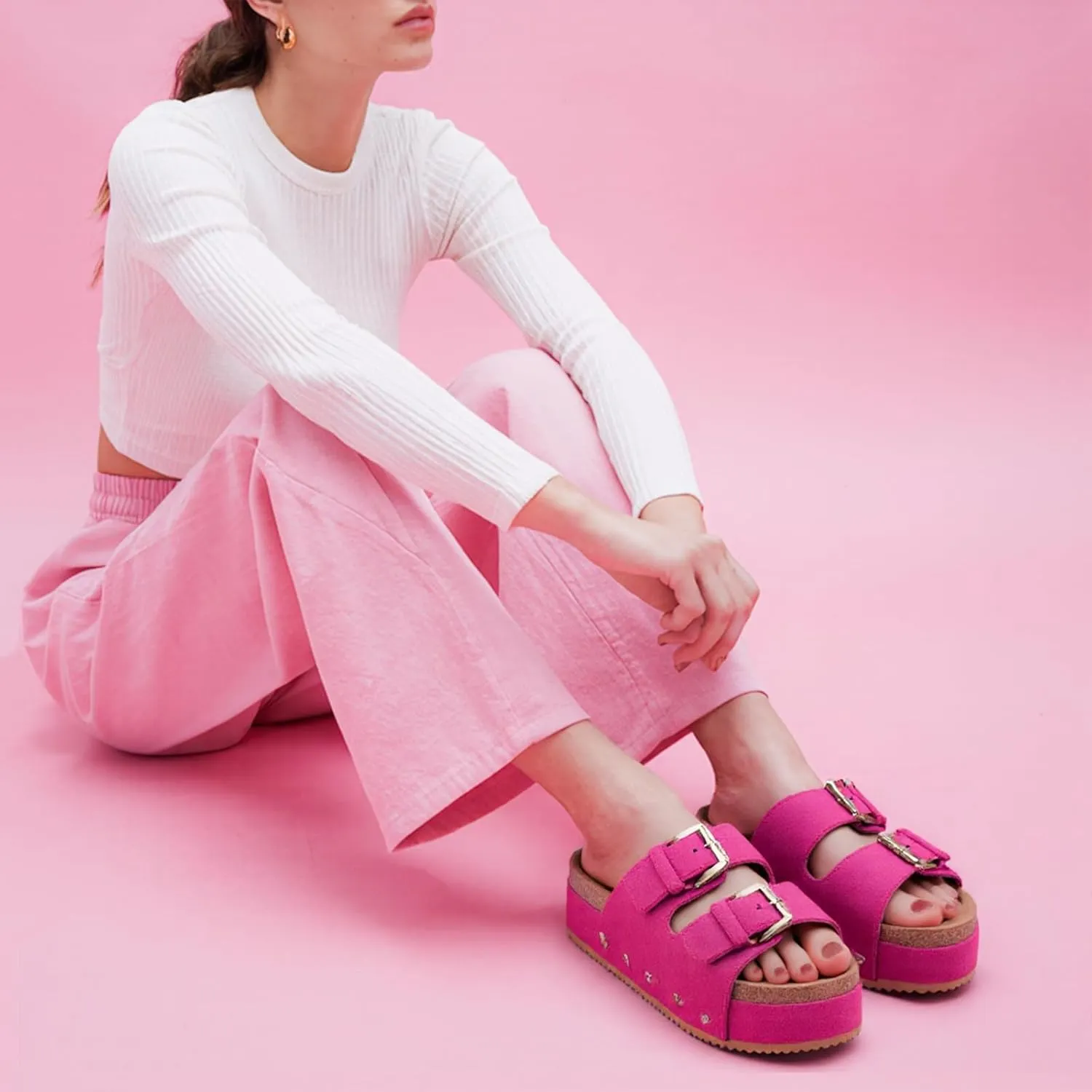 KaroNairy Studded Cork Platform Sandals For Women Slippers Clogs Platform Slip On Sandals Dual Buckled Suede/PU
