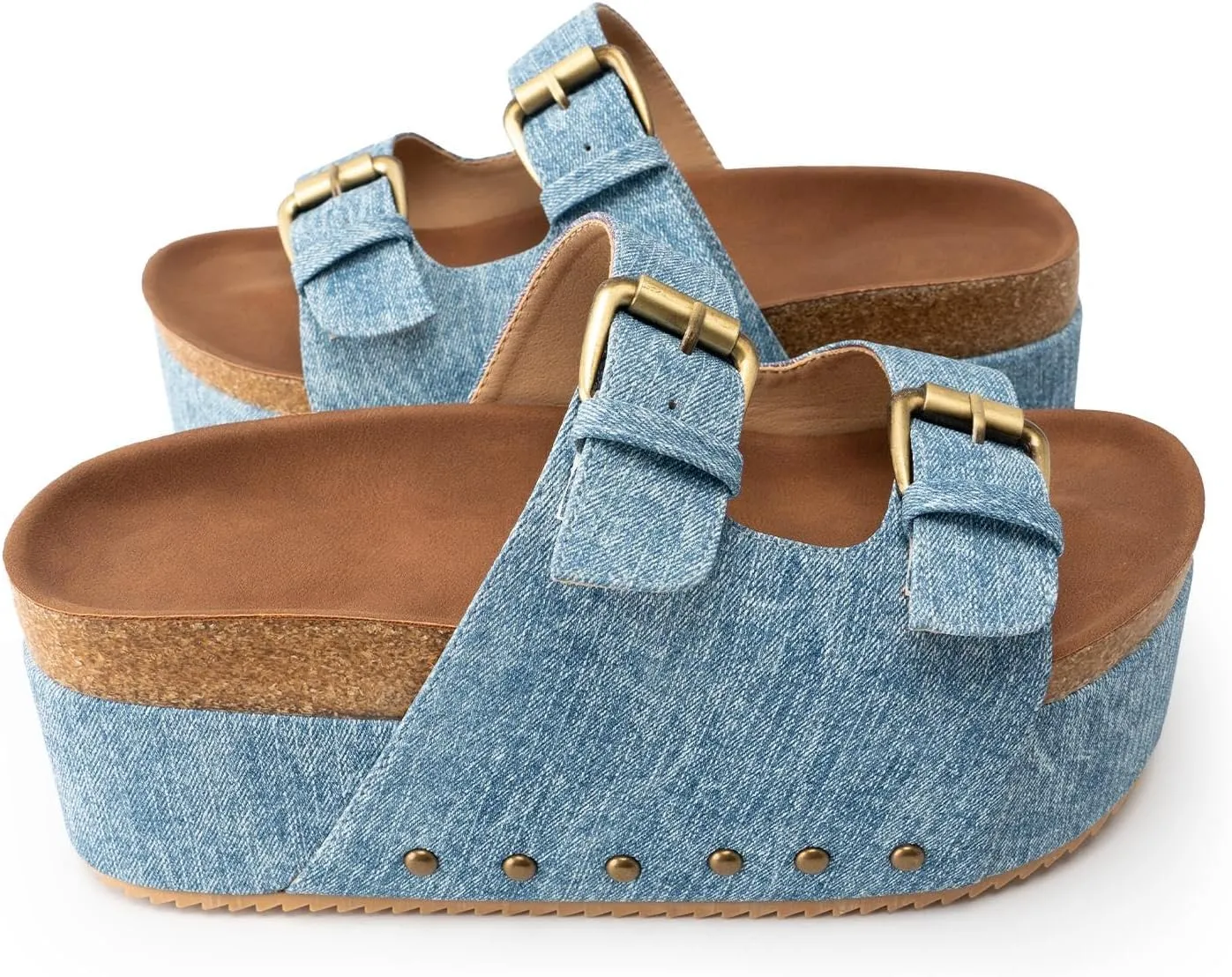 KaroNairy Studded Cork Platform Sandals For Women Slippers Clogs Platform Slip On Sandals Dual Buckled Suede/PU