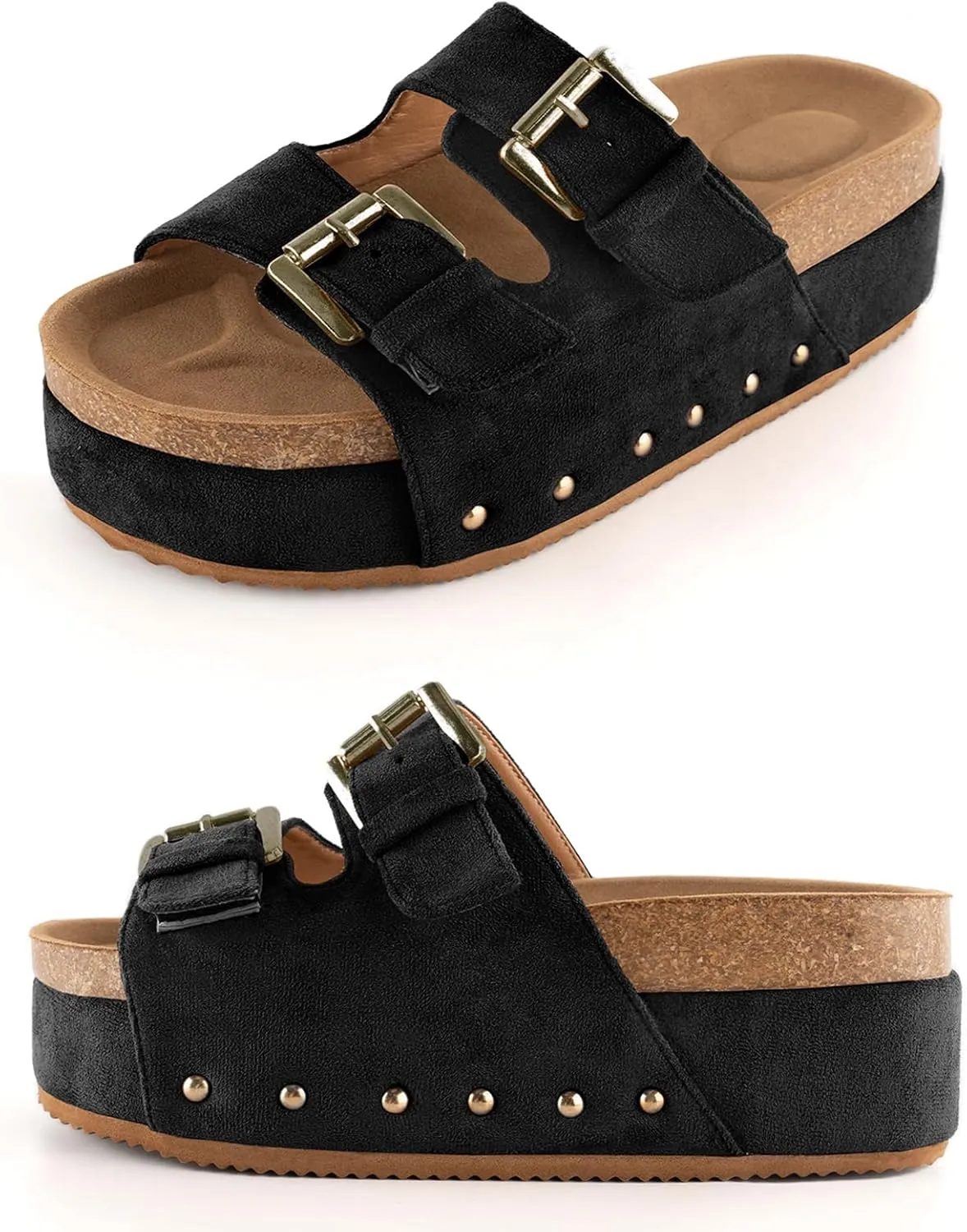 KaroNairy Studded Cork Platform Sandals For Women Slippers Clogs Platform Slip On Sandals Dual Buckled Suede/PU