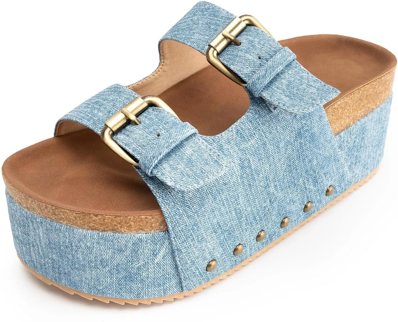 KaroNairy Studded Cork Platform Sandals For Women Slippers Clogs Platform Slip On Sandals Dual Buckled Suede/PU
