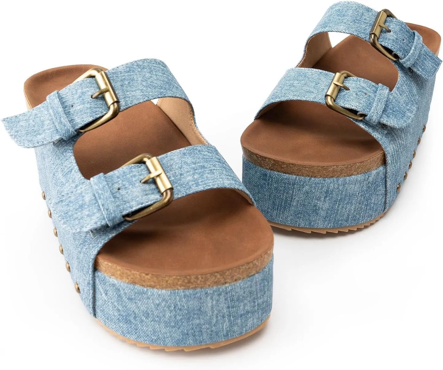 KaroNairy Studded Cork Platform Sandals For Women Slippers Clogs Platform Slip On Sandals Dual Buckled Suede/PU