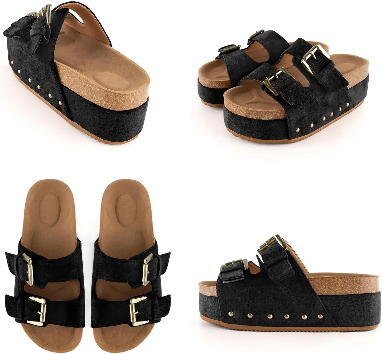 KaroNairy Studded Cork Platform Sandals For Women Slippers Clogs Platform Slip On Sandals Dual Buckled Suede/PU