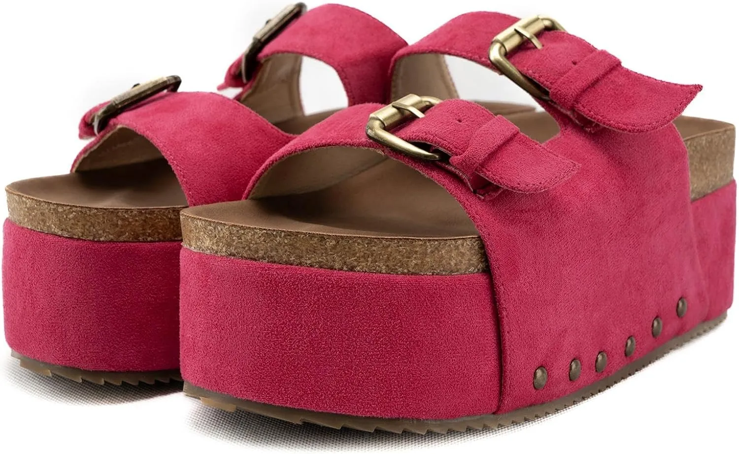 KaroNairy Studded Cork Platform Sandals For Women Slippers Clogs Platform Slip On Sandals Dual Buckled Suede/PU