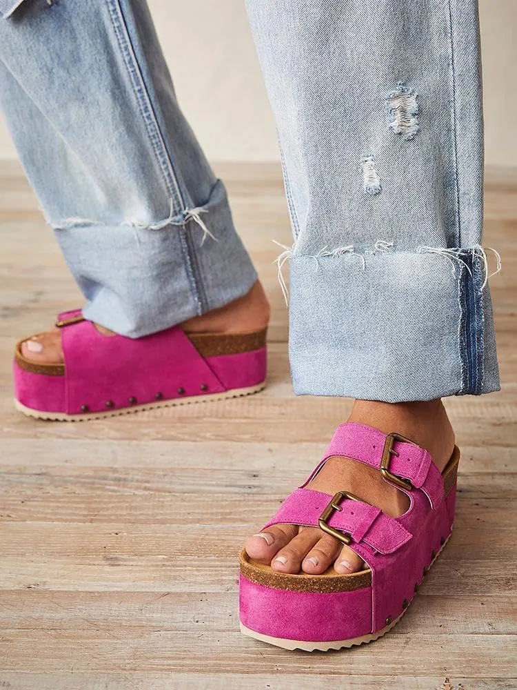 KaroNairy Studded Cork Platform Sandals For Women Slippers Clogs Platform Slip On Sandals Dual Buckled Suede/PU