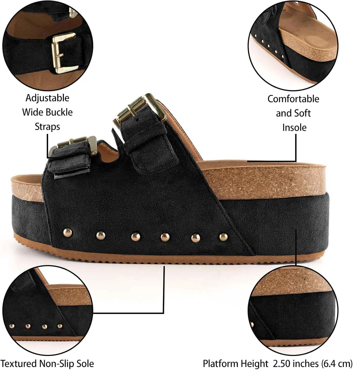 KaroNairy Studded Cork Platform Sandals For Women Slippers Clogs Platform Slip On Sandals Dual Buckled Suede/PU