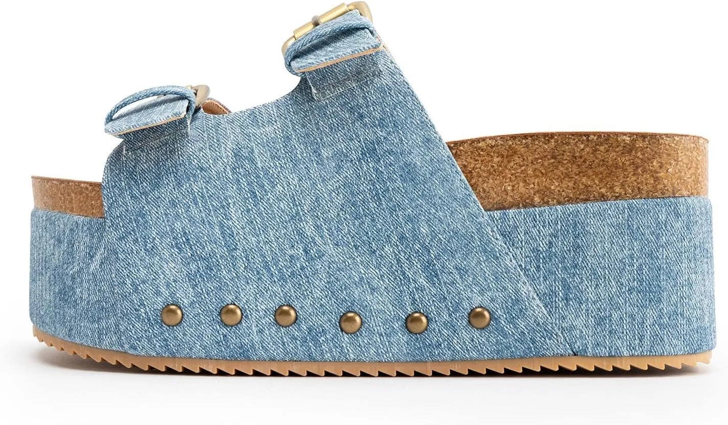 KaroNairy Studded Cork Platform Sandals For Women Slippers Clogs Platform Slip On Sandals Dual Buckled Suede/PU