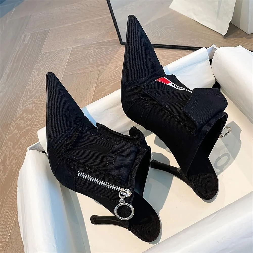keleimusi Pointed Toe Denim Mules Heels Pockets Zip Stiletto High Heeled Sandals