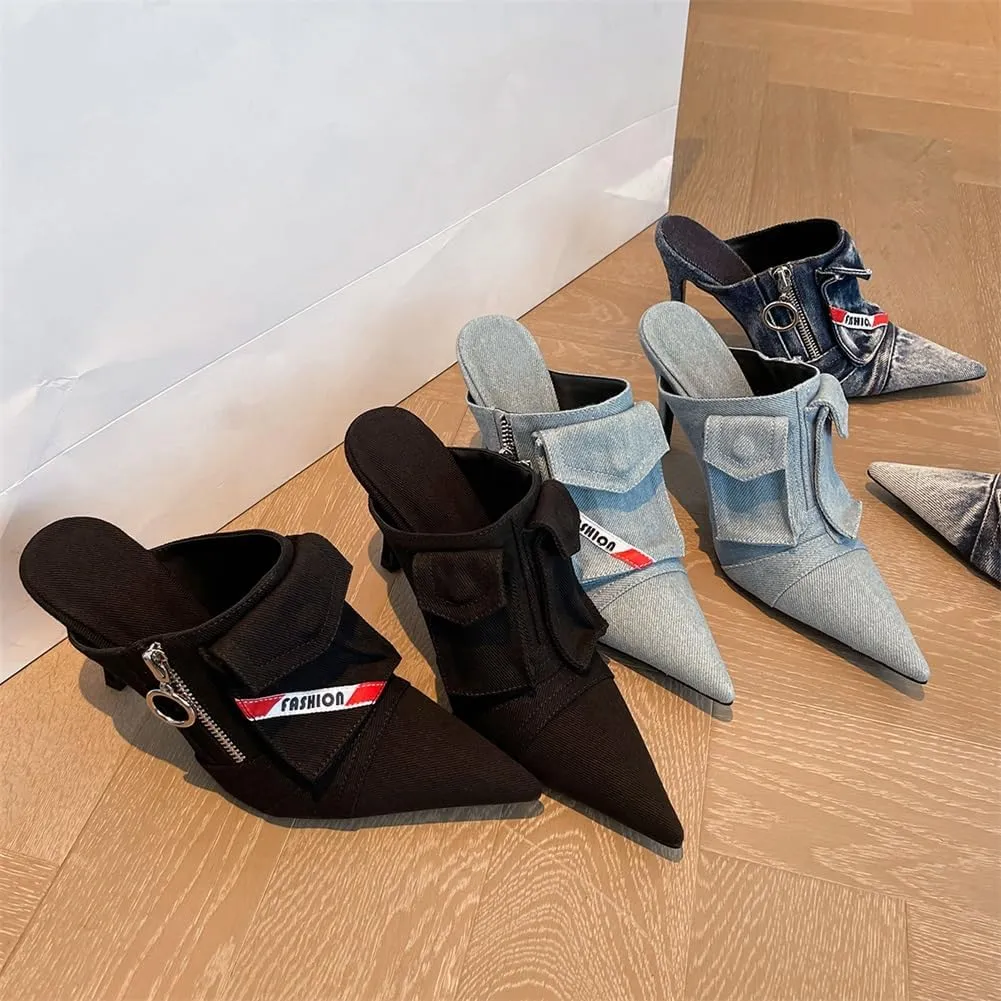 keleimusi Pointed Toe Denim Mules Heels Pockets Zip Stiletto High Heeled Sandals