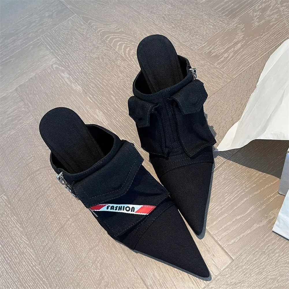 keleimusi Pointed Toe Denim Mules Heels Pockets Zip Stiletto High Heeled Sandals