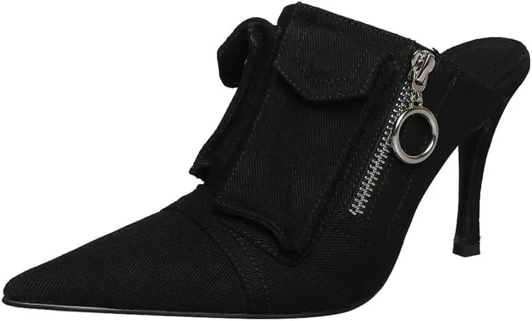 keleimusi Pointed Toe Denim Mules Heels Pockets Zip Stiletto High Heeled Sandals