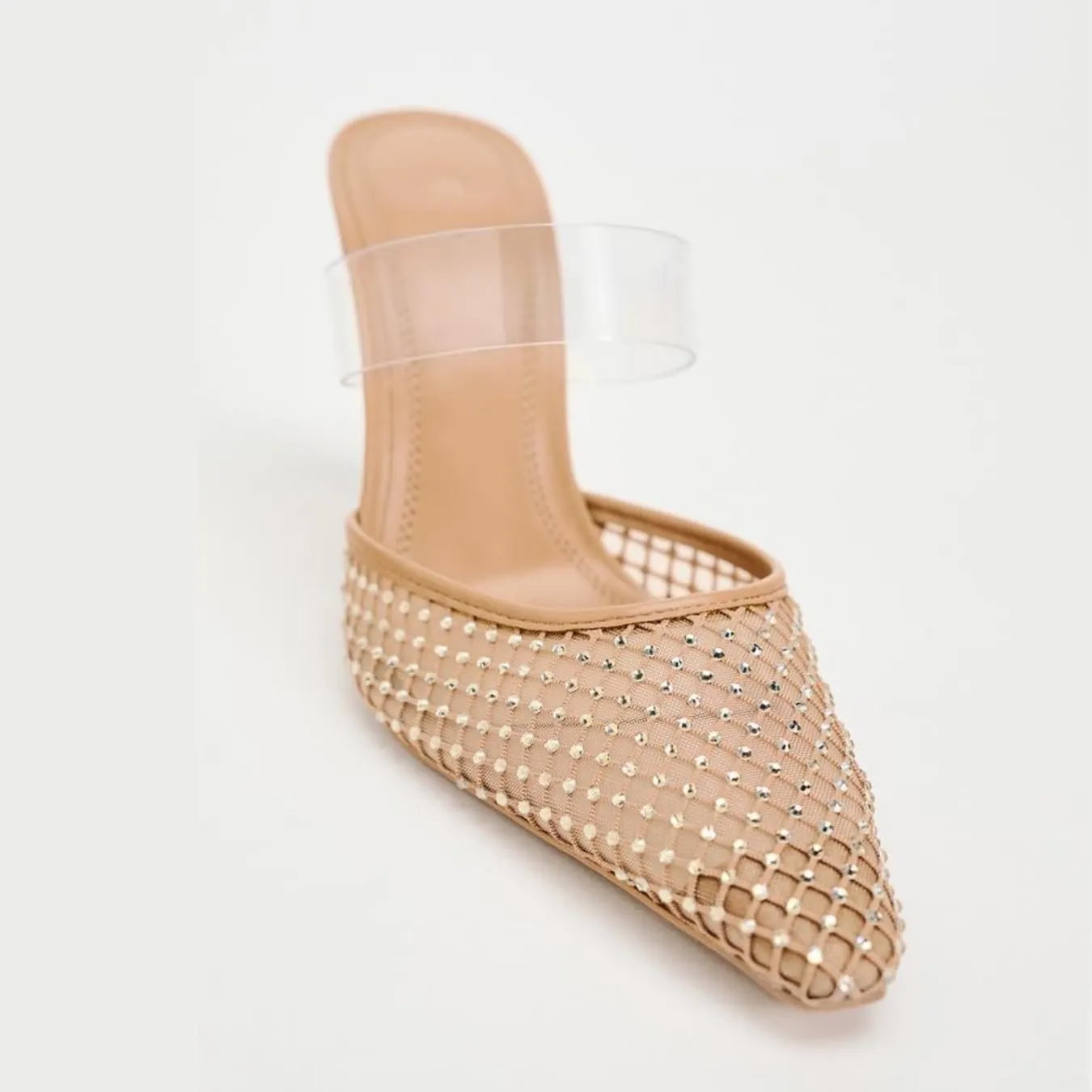 keleimusi Rhinestone-Embellished Mesh Heeled Mules Clear PVC Strap Crystals Fishnet High Heels Closed Pointed-Toe Mules Pumps Sexy Backless Slip On Mules Sandals
