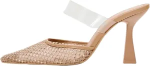 keleimusi Rhinestone-Embellished Mesh Heeled Mules Clear PVC Strap Crystals Fishnet High Heels Closed Pointed-Toe Mules Pumps Sexy Backless Slip On Mules Sandals