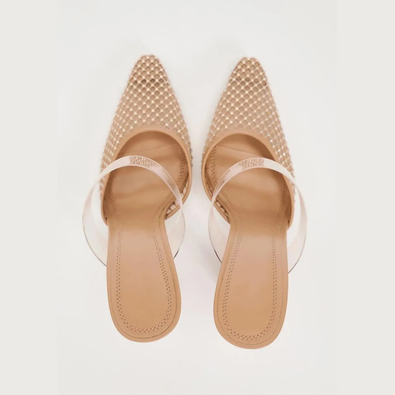 keleimusi Rhinestone-Embellished Mesh Heeled Mules Clear PVC Strap Crystals Fishnet High Heels Closed Pointed-Toe Mules Pumps Sexy Backless Slip On Mules Sandals
