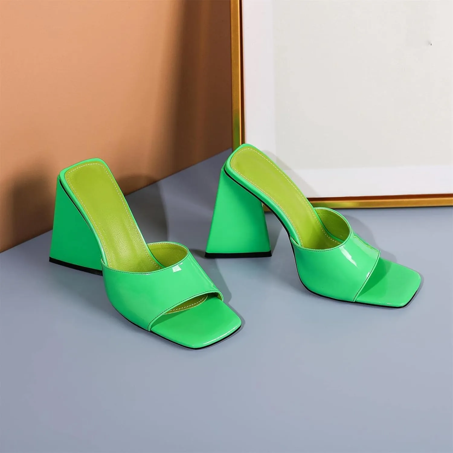 keleimusi Women's Trendy Square Toe Block Heel Dress Mules with Wide Strap