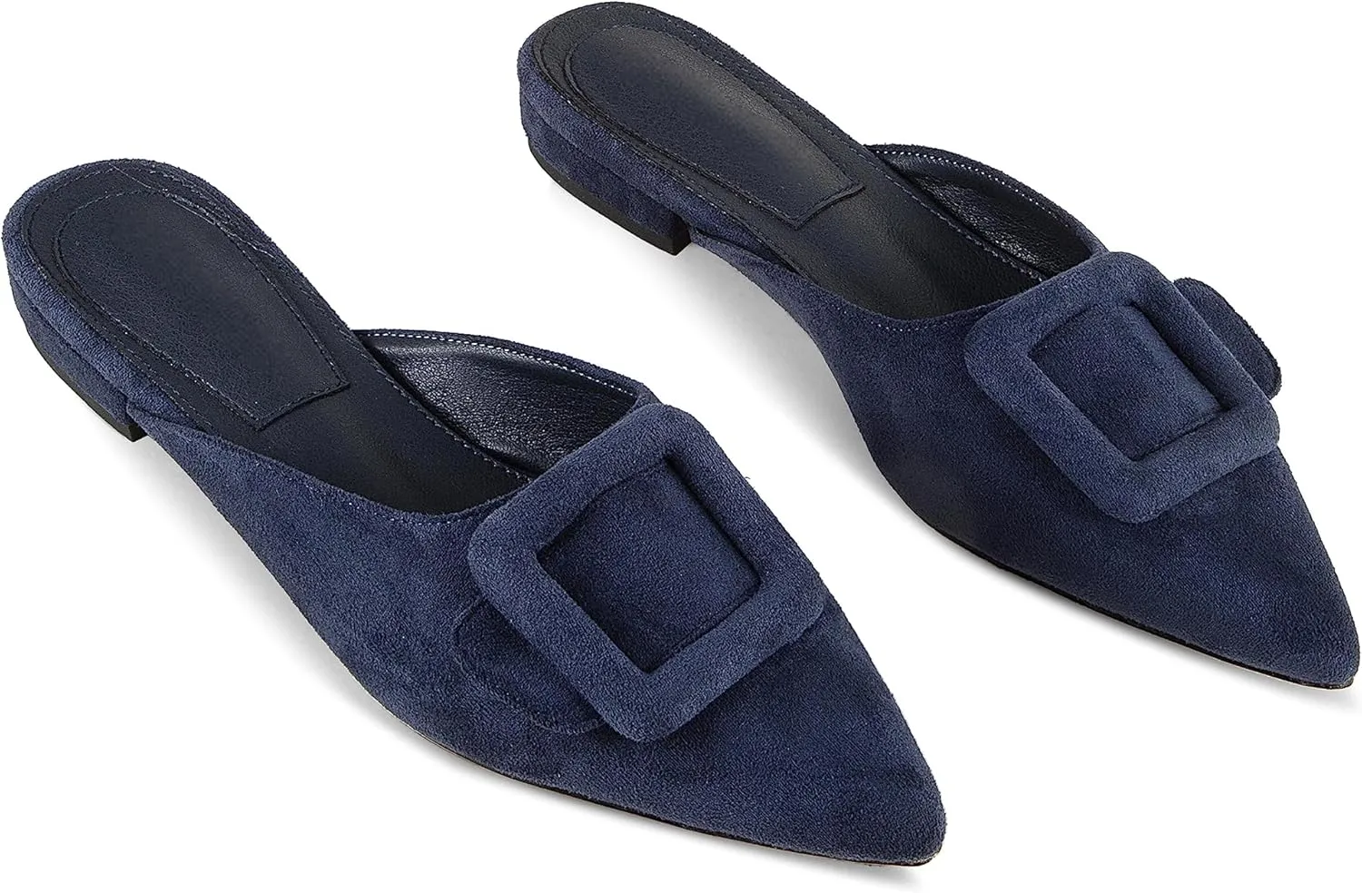 Kitten Heel Mules Sandals for Women Pointed Toe Square Buckle Backless Slip on Suede Stiletto Dress Heeled Sandals Wedding Party Shoes