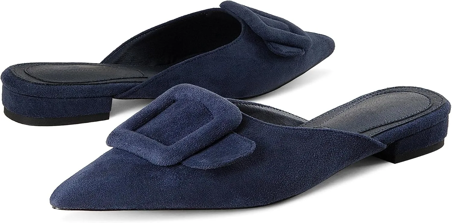 Kitten Heel Mules Sandals for Women Pointed Toe Square Buckle Backless Slip on Suede Stiletto Dress Heeled Sandals Wedding Party Shoes