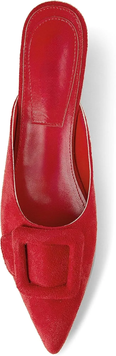 Kitten Heel Mules Sandals for Women Pointed Toe Square Buckle Backless Slip on Suede Stiletto Dress Heeled Sandals Wedding Party Shoes