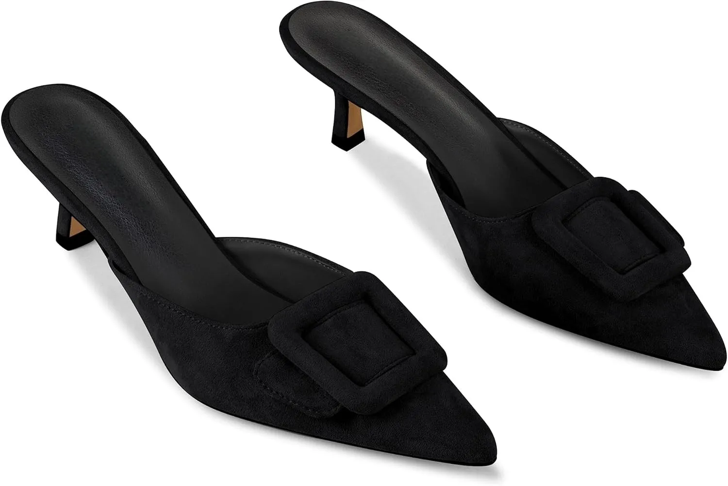 Kitten Heel Mules Sandals for Women Pointed Toe Square Buckle Backless Slip on Suede Stiletto Dress Heeled Sandals Wedding Party Shoes