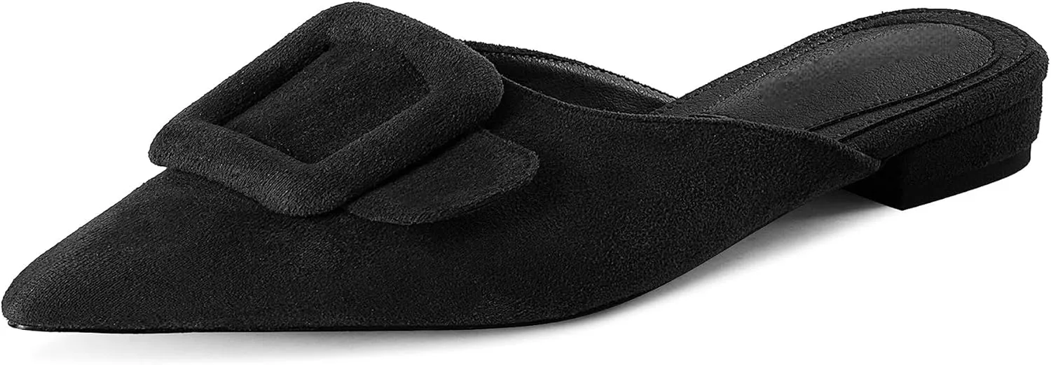 Kitten Heel Mules Sandals for Women Pointed Toe Square Buckle Backless Slip on Suede Stiletto Dress Heeled Sandals Wedding Party Shoes