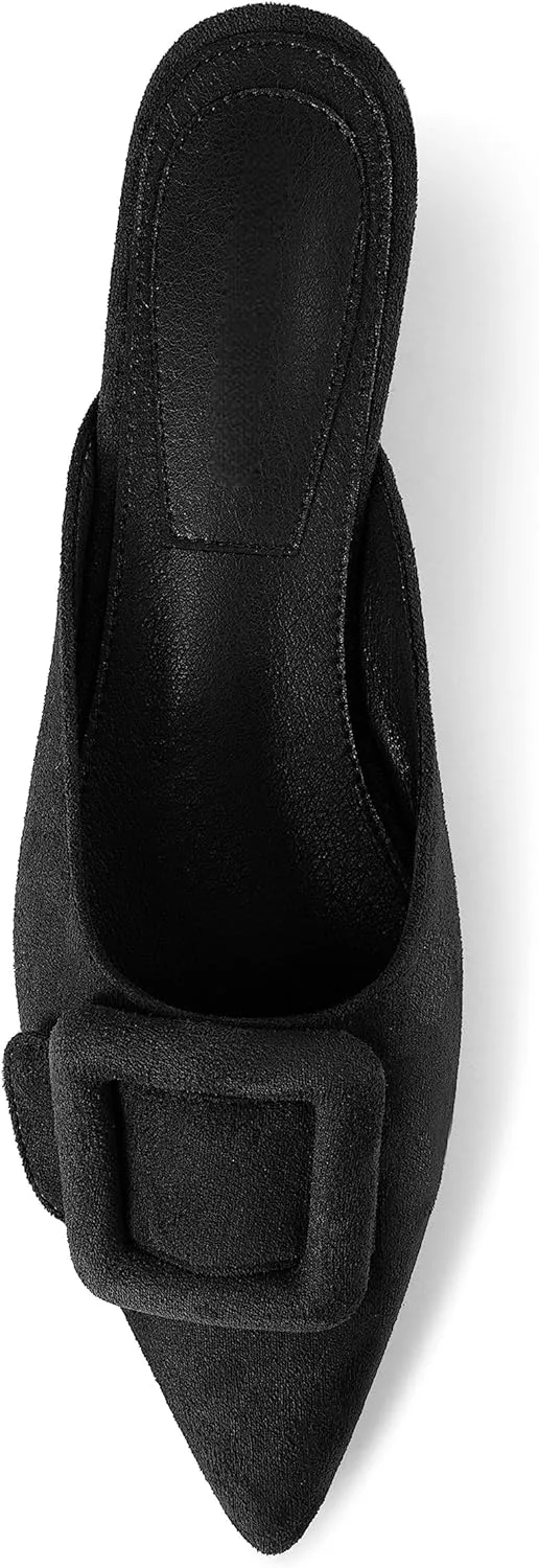 Kitten Heel Mules Sandals for Women Pointed Toe Square Buckle Backless Slip on Suede Stiletto Dress Heeled Sandals Wedding Party Shoes