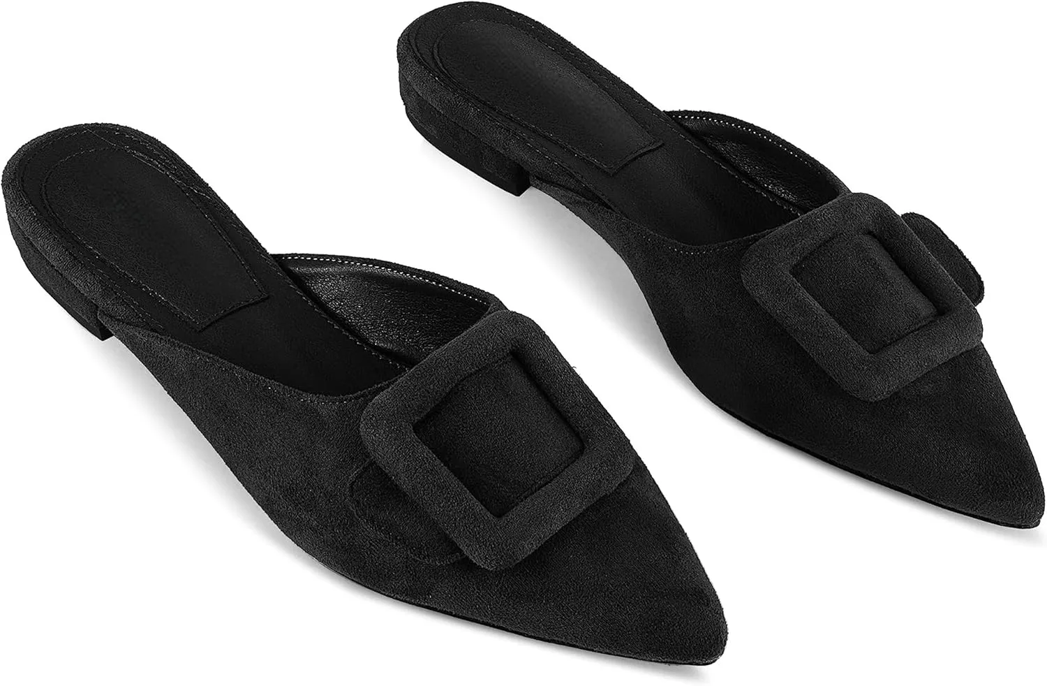 Kitten Heel Mules Sandals for Women Pointed Toe Square Buckle Backless Slip on Suede Stiletto Dress Heeled Sandals Wedding Party Shoes