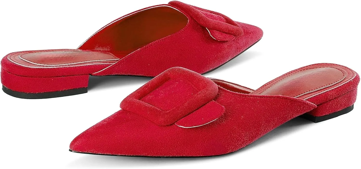 Kitten Heel Mules Sandals for Women Pointed Toe Square Buckle Backless Slip on Suede Stiletto Dress Heeled Sandals Wedding Party Shoes