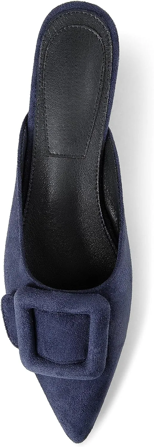 Kitten Heel Mules Sandals for Women Pointed Toe Square Buckle Backless Slip on Suede Stiletto Dress Heeled Sandals Wedding Party Shoes