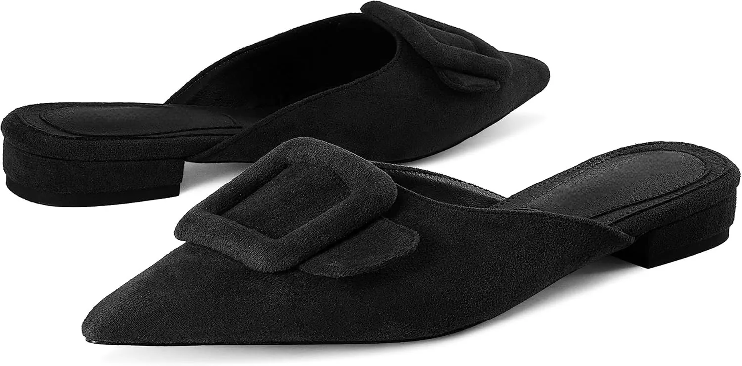 Kitten Heel Mules Sandals for Women Pointed Toe Square Buckle Backless Slip on Suede Stiletto Dress Heeled Sandals Wedding Party Shoes