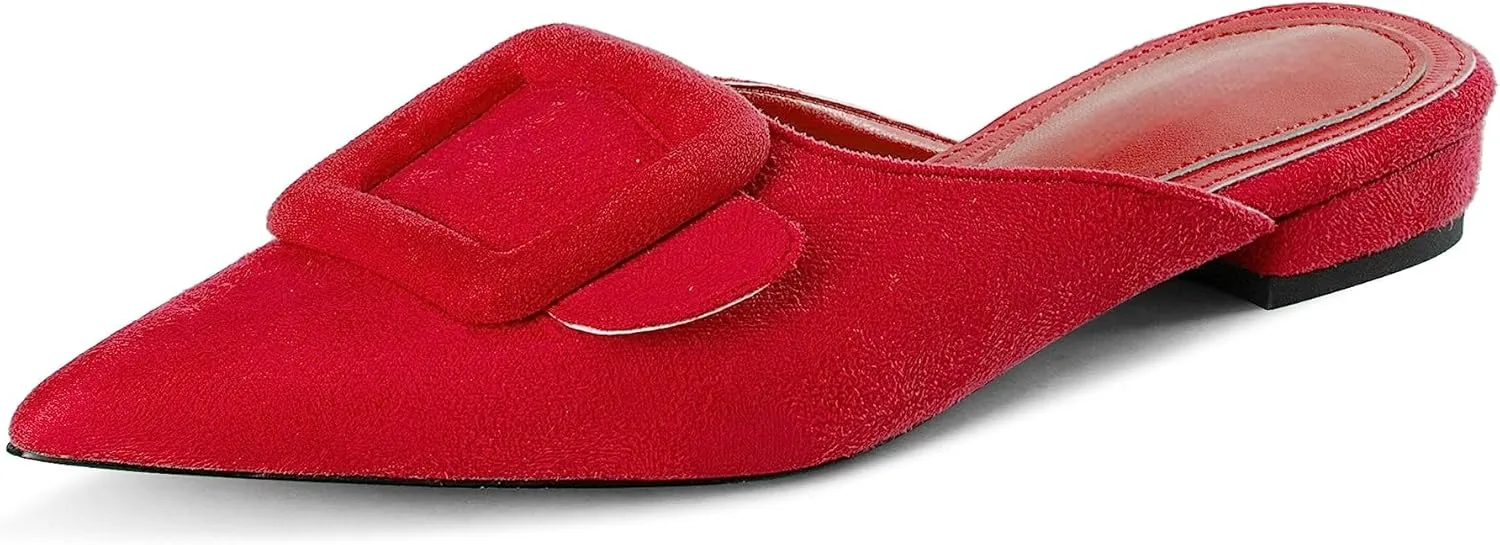 Kitten Heel Mules Sandals for Women Pointed Toe Square Buckle Backless Slip on Suede Stiletto Dress Heeled Sandals Wedding Party Shoes
