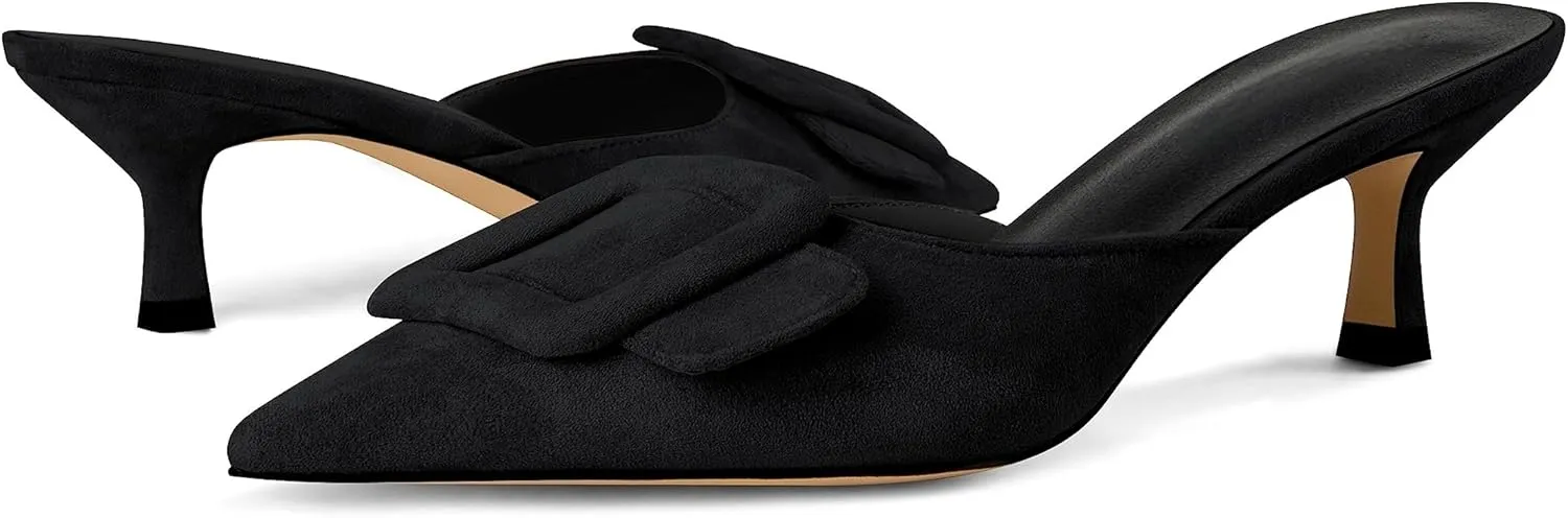 Kitten Heel Mules Sandals for Women Pointed Toe Square Buckle Backless Slip on Suede Stiletto Dress Heeled Sandals Wedding Party Shoes