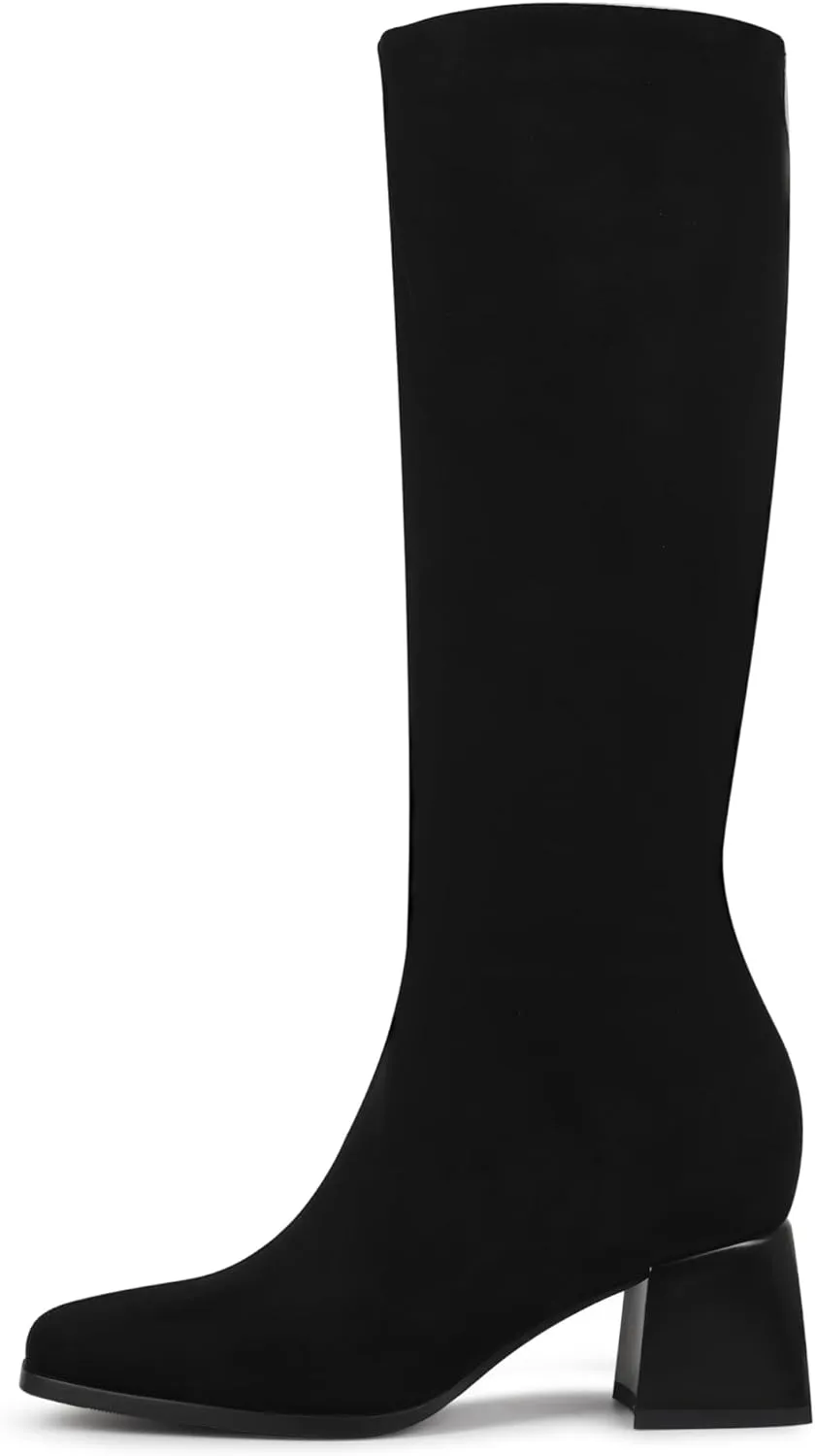 Knee High Boots for Women 70s Boots with Chunky Heel, Square Toe Tall Boots Side Zipper Block Heel Dress Boots