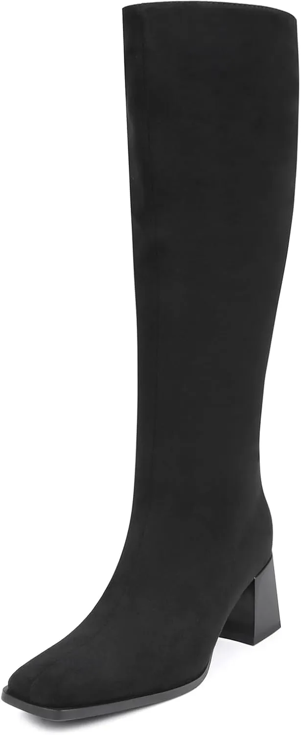 Knee High Boots for Women 70s Boots with Chunky Heel, Square Toe Tall Boots Side Zipper Block Heel Dress Boots