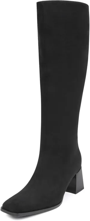 Knee High Boots for Women 70s Boots with Chunky Heel, Square Toe Tall Boots Side Zipper Block Heel Dress Boots