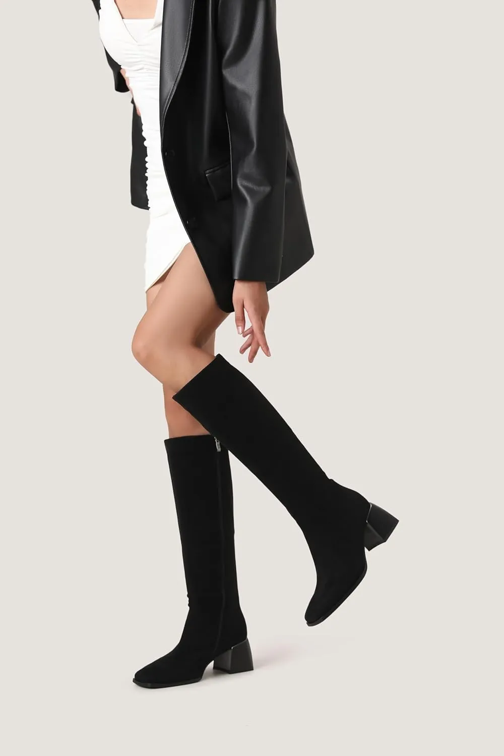 Knee High Boots for Women 70s Boots with Chunky Heel, Square Toe Tall Boots Side Zipper Block Heel Dress Boots