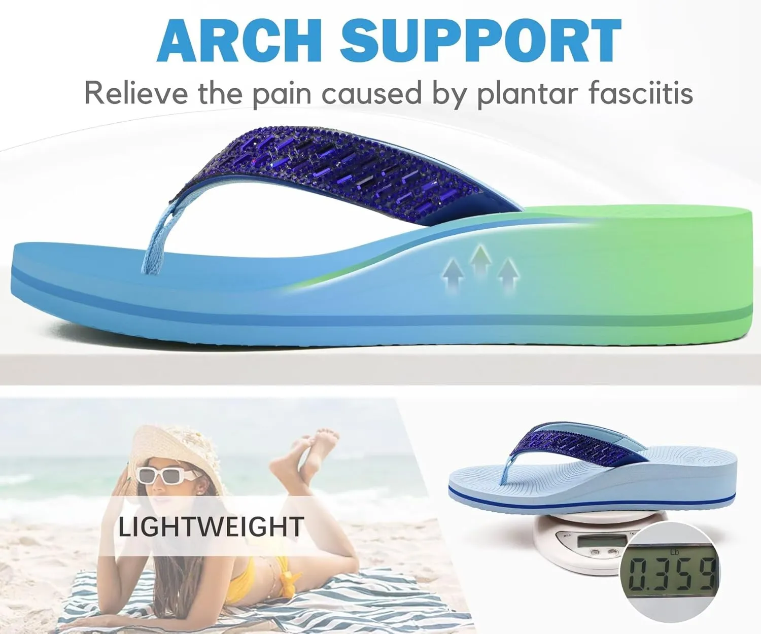 KuaiLu Womens Dressy Rhinestone Platform Flip Flops Trendy Comfortable Arch Support Cushion Walking Thong Sandals Yoga Foam Low Wedge Slippers Summer Pool Beach